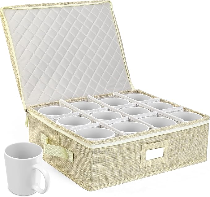 LotFancy Cup and Mug Storage Box, Hard Shell, China Coffee Mug Storage Container for Moving, Holds 12 Tea Cups, with Dividers & Handles, Beige - Image 8