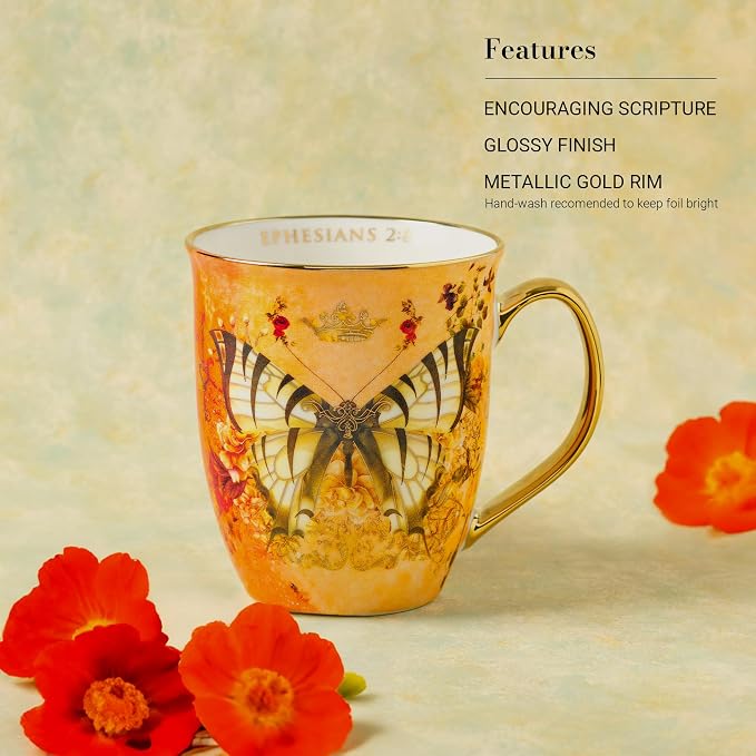 Christian Art Gifts Orange Butterfly Ceramic Coffee Mug with Gold Accents – 14 oz. Lead & Cadmium-free Inspirational Scripture Coffee and Tea Mug for Women & Men with Bible Verse: Grace –Ephesians 2:8 - Image 3