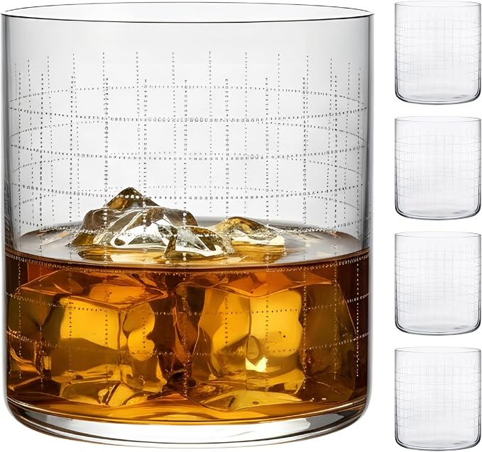 NUDE GLASS NUDE Whiskey Glasses Set of 4 SOF Finesse Grid Lead-Free Crystal Old Fashioned Glass by NUDEGlass