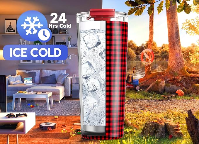 Meoky 24 oz Insulated Travel Coffee Mug: Leak Proof Lid, Crimson Plaid | Stainless Steel Coffee Tumbler, Keeps Hot for 8 Hours or Cold for 24 Hours, Fits in Car Cup Holder, BPA Free - Image 4