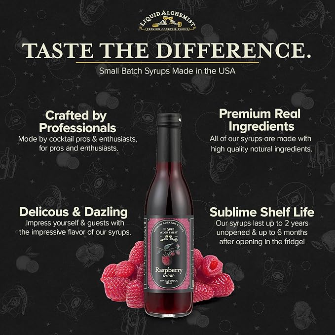 Liquid Alchemist Raspberry Syrup for Drinks - Real Ingredients Make the Perfect Summer Cocktail or Margarita Mix - Our Raspberry Cocktail Syrup is Non-GMO & Vegan (12.7 oz)