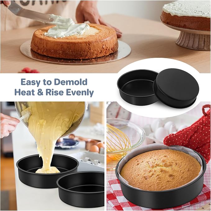 E-far 8x2 Inch Cake Pan Set of 2, Nonstick Round Cake Pans Tins for Baking Birthday Wedding Layer Smash Cakes, Stainless Steel Core & Nontoxic Coating, Straight Side(Black) - Image 5