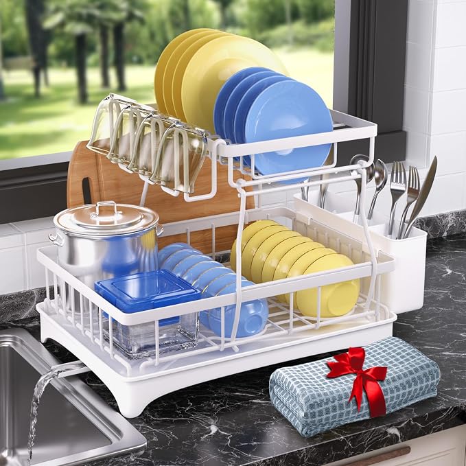 Godboat 2-Tier Dish Drying Rack - Dish Rack with Auto Drain-to-Sink & Mat | Dish Racks for Kitchen Counter, Dish Drainer with Knife Fork & Cup Rack, Gifts for Women, Mothers Day, Kitchen Gadgets, White by Godboat