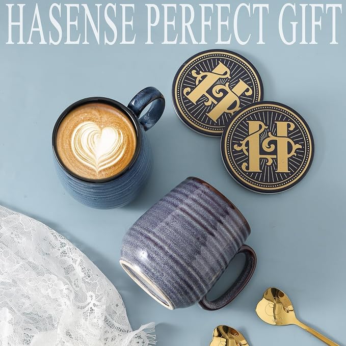 HASENSE Ceramic Coffee Mug Set, 20 Oz Tea Cups for Women and Men, Premium Large Latte Mugs with Handle, Gift Cup with Coaster & Gold Spoon for Couples, Blue & Purple - Image 4