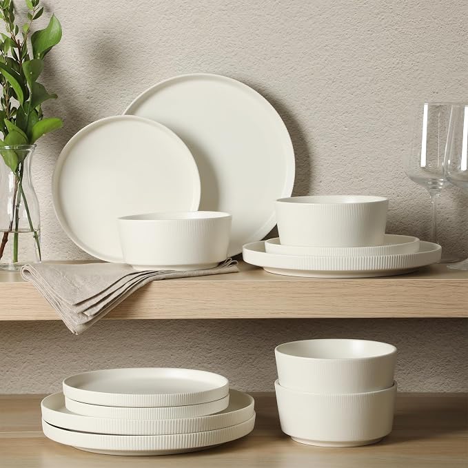 Gibson Home Dempsey Road 12-Piece Stoneware Dinnerware Set – Service for 4, Round White Plates and Bowls, Durable Solid Color Modern Embossed Dish Set, Microwave & Dishwasher Safe - Image 6