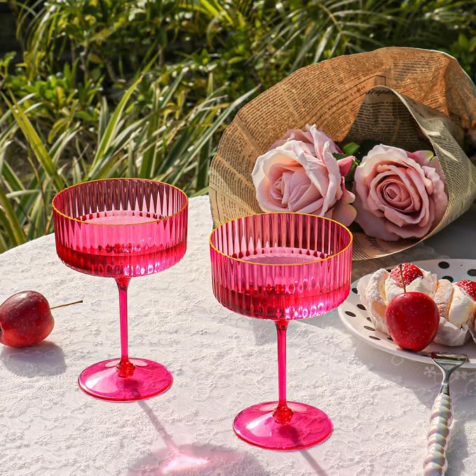 12 PCS Ribbed Coupe Glasses Hot Pink Plastic Champagne Coupe Cup 10oz Detachable Gold Rim Espresso Martini Glass Vintage Margarita Glassware Cocktail Glass Set for Valentine's Day Bachelorette Party - Image 2