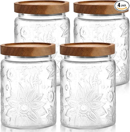 LemonRoad 4 Pcs Vintage Clear Glass Storage Jars 23.7 oz Mason Jar Canister with Wood Lids Food Storage Container for Cookie, Pantry, Candy Kitchen, Coffee, Tea, Flour, Sugar, Decorative Home Decor by Unknown