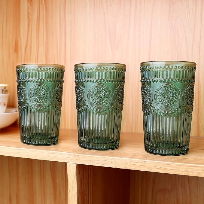 Loivttvv 6pcs Vintage Drinking Glasses Set, 12 oz Dark Green Highball Glasses, Embossed Ribbed Glassware Cups for Cocktail, Water, Juice, Coffee, Whiskey - Image 4