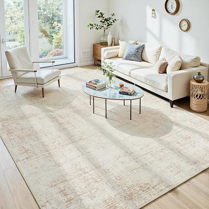 6x9 Washable Area Rug for Living Room Bedroom: Non-Slip Modern Beige White | Machine Washable TPR Backing, Stain-Resistant Low Pile, Pet & Kid Friendly, Abstract Decor for Dining Room, Dorm, Home Office by Oriannal