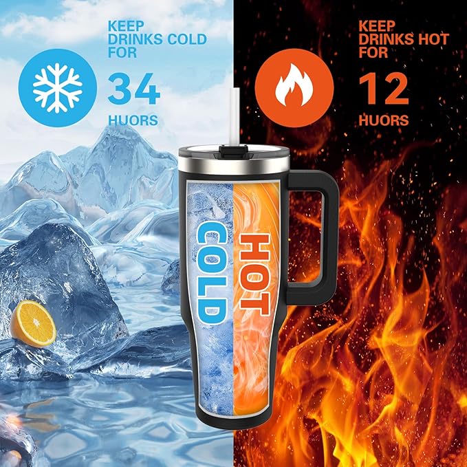 40 oz Tumbler with Handle,Tumbler with Lid and Straw,Double Wall Insulated Cup Stainless Steel Travel Mug(Cold for 34 Hours),Water Bottle for Iced Tea,Coffee,Cold Beverages(Black) - Image 2