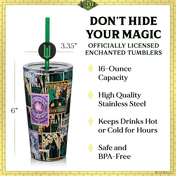 Dragon Glassware x Wicked: For Good Blind Box Tumbler with Straw, 16 oz | Vacuum Insulated Stainless Steel Wicked Cup with Lid & Straw; With Straw Charm; 6 Collectible Designs; Official Wicked Merch - Image 4