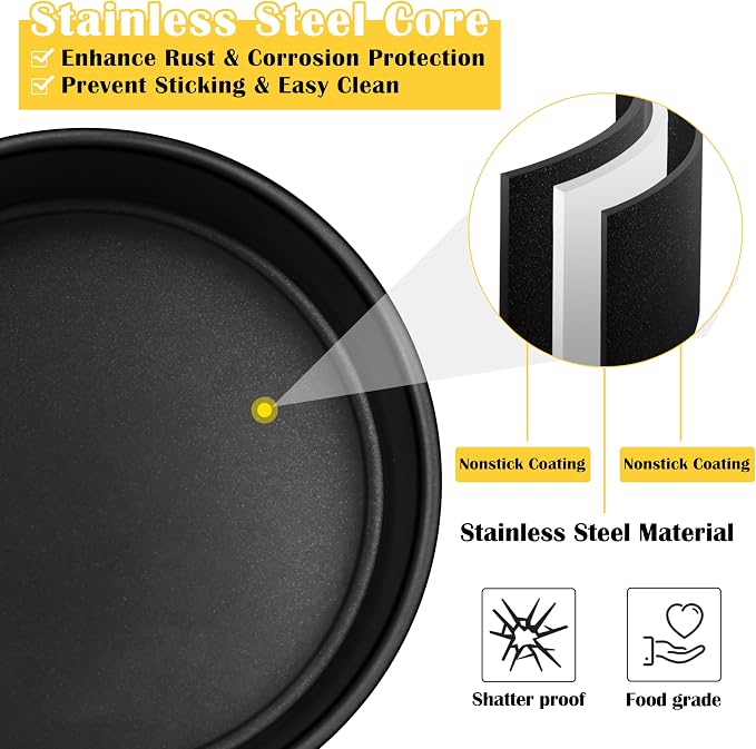 E-far 3-Piece Cake Pan(4/6/8 Inch), Nonstick Stainless Steel Round Baking Cake Pans, Metal Cake Mold Tins for Birthday/Wedding, Stainless Steel Core & Non-toxic Coating, Straight Side & 2 Inch Deep - Image 2