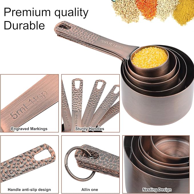 Copper Measuring Cups Set, Stainless Steel Copper Plated 5 Measuring Cups, Nesting Liquid Measuring Cup Set or Dry Measuring Cups Set for Baking and Kitchen