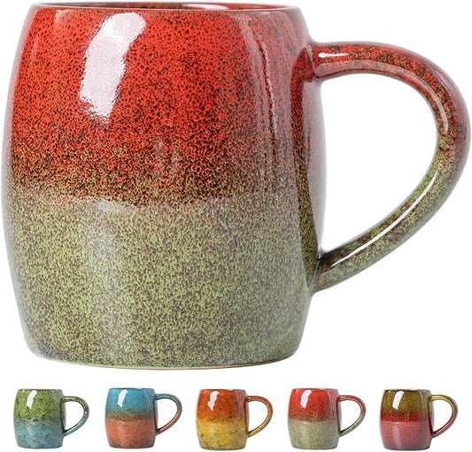 Handmade 22oz Ceramic Coffee Mug, Ergonomic Large Handle, Ideal Gift for Coffee Lovers, Microwave & Dishwasher Safe (Minute-Red&Green) by XIYUANJI