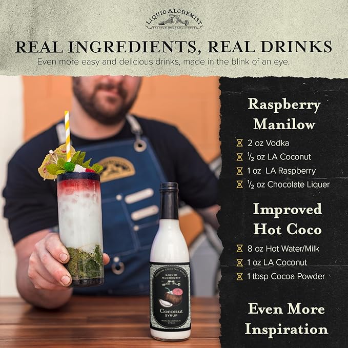 Liquid Alchemist Coconut Syrup for Drinks - Real Ingredients Make our Cream of Coconut Syrup a Perfect Pina Colada Drink Mix - Tropical Flavoring for Drinks - Vegan & Non-GMO (12.7 oz)