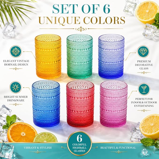 Khen Plastic Hobnail Drinking Highball Glasses Set of 6 Bright Tones Cups 14oz, Shatterproof & Unbreakable Acrylic Beaded Design, BPA-Free, Dishwasher Safe Indoor/Outdoor Drinkware Water, Cocktails - Image 5