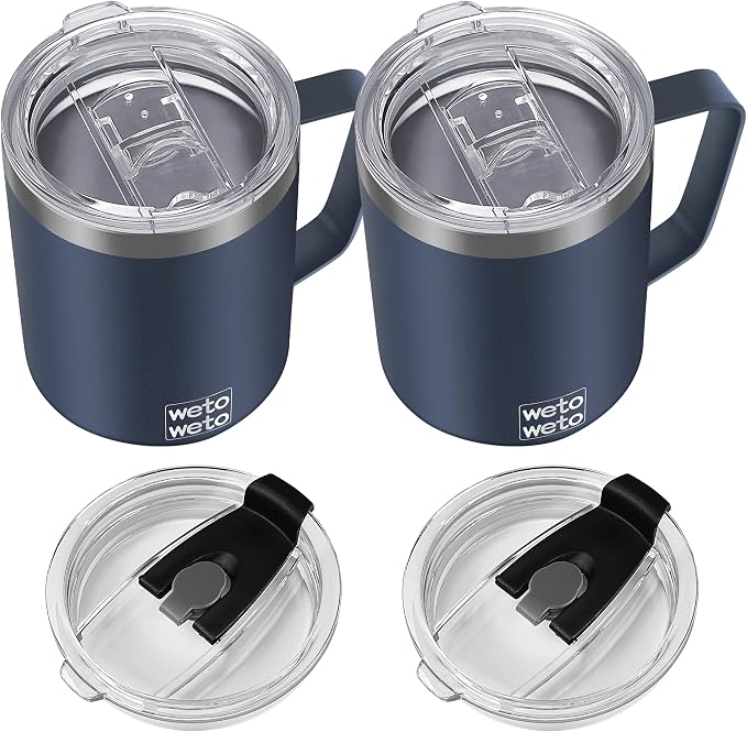 WETOWETO 14 oz Coffee Mug, Vacuum Insulated Camping Mug with Lid, Double Wall Stainless Steel Travel Tumbler Cup, Coffee Mugs Outdoor, Powder Coated Navy Blue Set of 2 by Wetoweto