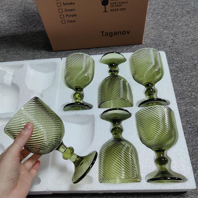 Taganov Green Glasses Drinking Wine Water Goblets Glassware set of 6 Vintage Stem Glasses Stemware 12 Ounces for Wedding Party Bar Twill Pattern Striped 350 ml - Image 5