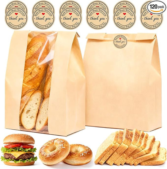 120 Pcs Paper Bread Bags for Homemade Bread with Window & 125 Stickers | 13.8 x 8.3 x 3.5 inch Sourdough Bread Bags for Bread, Cookies, Snacks & Scones, Large Bakery Paper Bags by Unknown