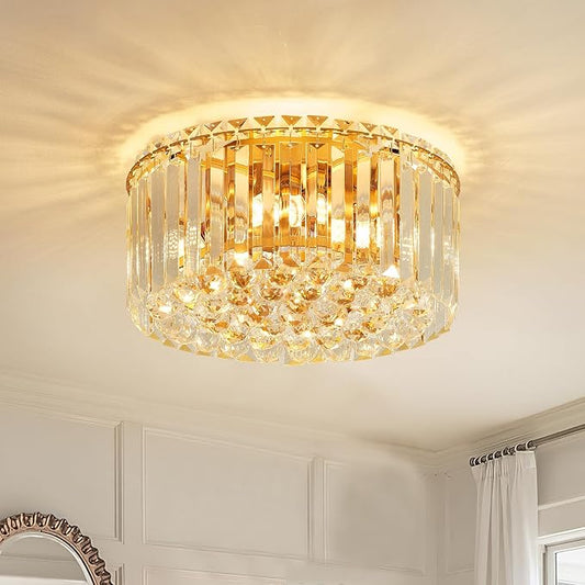 12.6" Gold K9 Crystal Raindrop Flush Mount Ceiling Light, Modern Chandelier, Round Luxury Light Fixture for Dining Room, Bedroom, Hallway, Kitchen Island & Living Room by Faibra