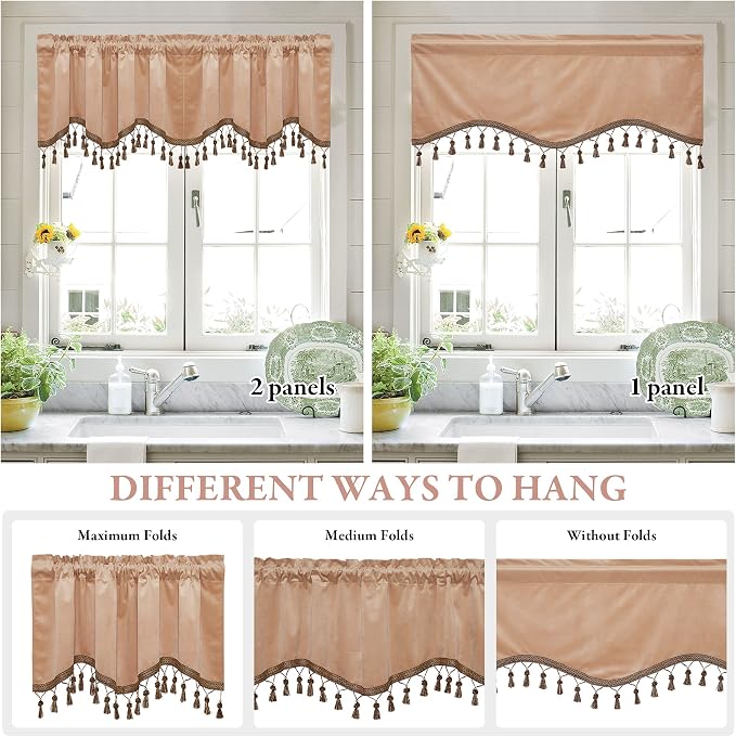 Blush Beige Tassel Velvet Valances Curtains 52x18 Inch 2 Panels | Valances Curtains for Kitchen, Nursery, Half Window Tassel Tier Curtains Room Darkening Home Decor for Living Room - Image 5