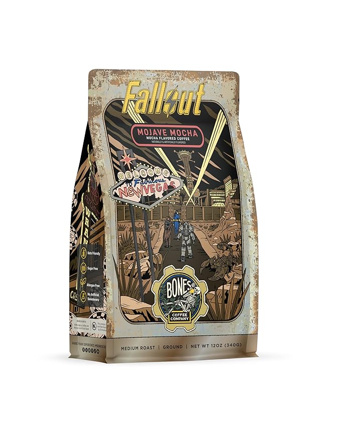 Bones Coffee Company Fallout Mojave Mocha, Mocha Flavored Coffee, Medium Roast Low Acid Arabica Beans Compatible with Auto drip and French Press Coffee Maker, 12 Oz Ground