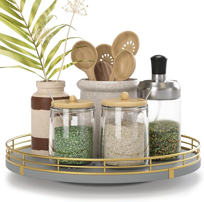 Oroutor 10-Inch Gray Wooden Lazy Susan Spice Organizer for Cabinet | Rotating oak tray organizes spices, toiletries and decor on kitchen counters, bathroom vanities, dining and coffee tables. by Oroyutor