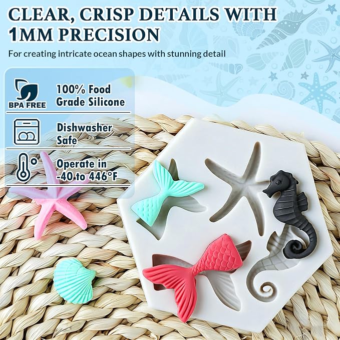 HKNMTT Marine Themed Silicone Mold for Polymer Clay Fondant, Seashell Mermaid Tail Starfish Ocean Seahorse Air Dry Clay Craft Cake Decor Wax Melt Chocolate Candy Mould DIY Cupcake Toppers BPA Free - Image 2