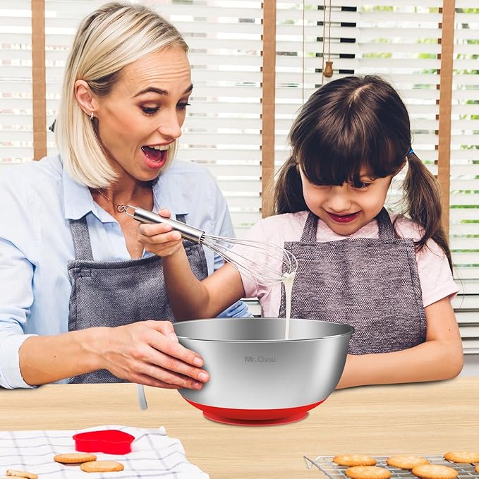 Suction Mixing Bowl SUS304 Stainless Steel w/Non-Slip Silicone Suction Cups Base, Egg Beating Bowls with Handle Baking Bowl Tool for Cooking Baking Prepping Food Storage Batter Bowl Deepen