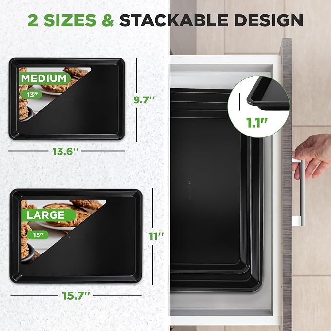 NutriChef 2-Piece Non-Stick Black Cookie Sheets - Versatile & Durable Non-Toxic Carbon Steel Bakeware Sets, Stackable Baking Tray for Cookies, Brownies, Jelly rolls - Oven Safe & Easy Clean - Image 3