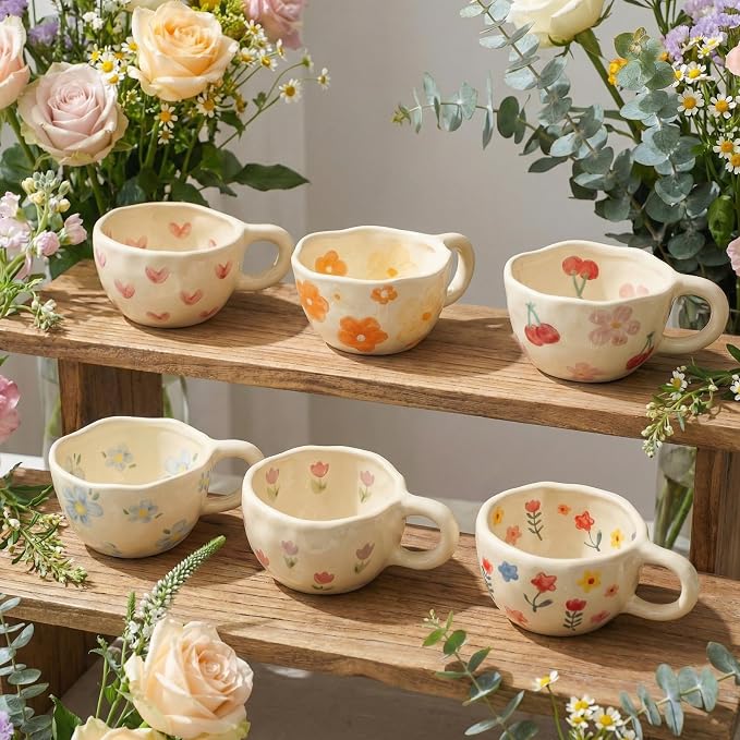 Maxdot 6 Pcs 12oz Ceramic Coffee Mugs Sets Glazing Process Cappuccino Mug Floral Ceramic Tea Cups Idea Gift Set for Women Porcelain Cup for Coffee, Cocoa, Tea, Latte (Retro) (Cute) - Image 4