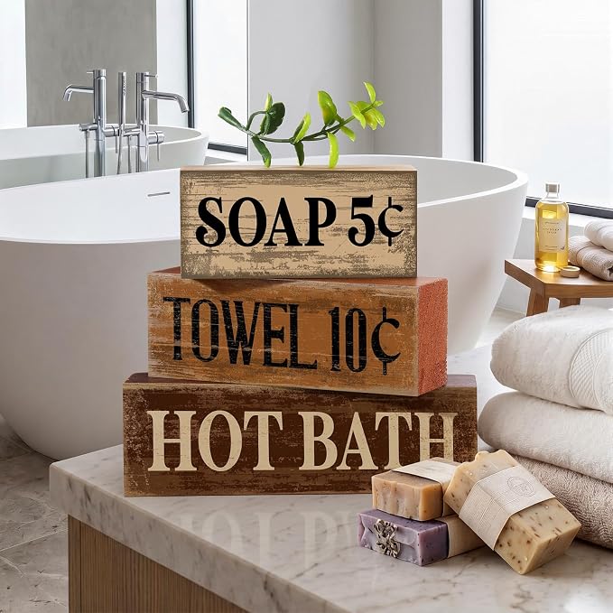 Moucuny 4 Pcs Bathroom Shelf Decor Sign Farmhouse Bathroom Decor and Accessories Rustic Eucalyptus Leaves Wood Block Sign Gifts Farmhouse Table Centerpiece for Hotel Country Campsite Washroom Toilet - Image 6