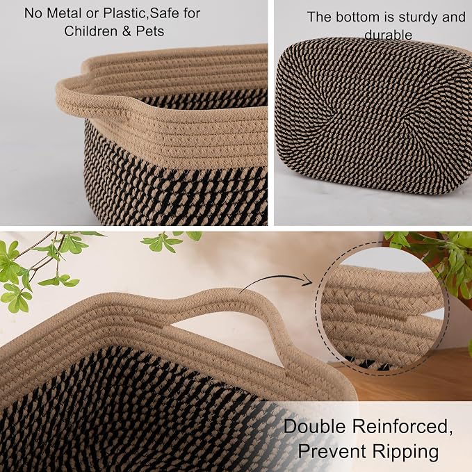 OIAHOMY 3 Pack Storage Baskets for Organizing, Woven Cotton Rope Basket for Shelves, Closet Organizer Bins with Handles, Rectangle Toy Organization, 13.78''×9.84''×5.5'', Brown & Black - Image 4