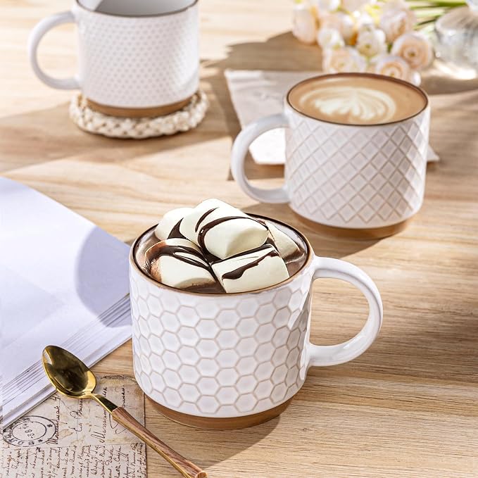 GBhome 12 OZ Stackable Coffee Mugs Set of 4, Ceramic White Coffee Cups Set | Coffee Mugs With Stand, Dishwasher&Microwave Safe, 4 Assorted Designs - Image 6