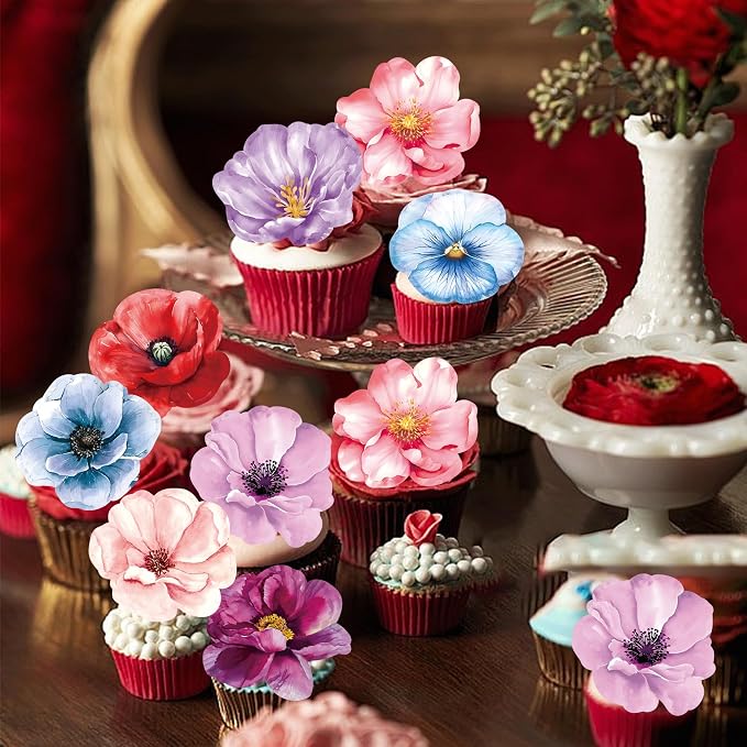48 PCS Edible Flowers Cupcake Toppers Wafer Paper Wildflower Party Decoration Wedding Themed Party Decorations Picks for Baby Shower Wedding Birthday Party Cake Food Decorations Supplies - Image 3