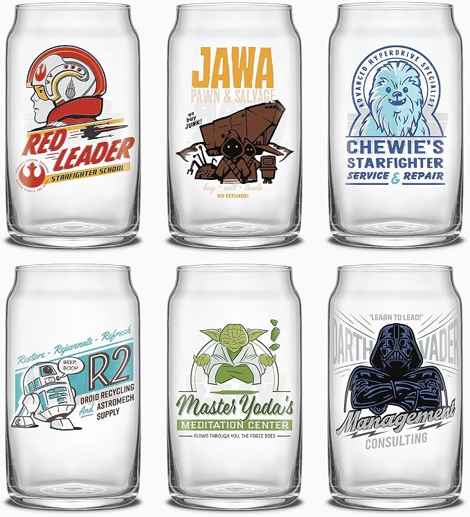 JoyJolt Star Wars Retro Vintage Collection 16.9oz Glass Tumblers - Featuring Darth Vader, R2D2, Yoda, Chewbacca, Red Leader, Jawa - Original Trilogy Drinkware, Set of 6 with Glass Straws by JoyJolt