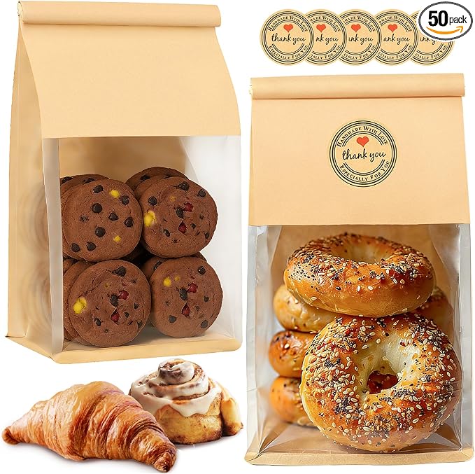50 PCS Bread Bags for Homemade Breads, 11x5.1x3.9 Inch Resealable Cookie Bags with Tin Tie Tab Lock, Paper Bakery Bag with Window for Packaging Bagels, Muffin, Scone, Brownie, Baked Goods Storage by GOULIKFUL