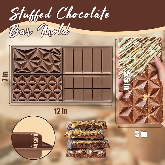 HKNMTT Chocolate Bar Silicone Molds 4 Shape, Large Stuffed Dubai Pistachio Deep Bar Moulds Kit 0.85 Inch Thick Big, Ideal for Homemade Making Bar Candy Bar Bpa Free DIY 2PCS