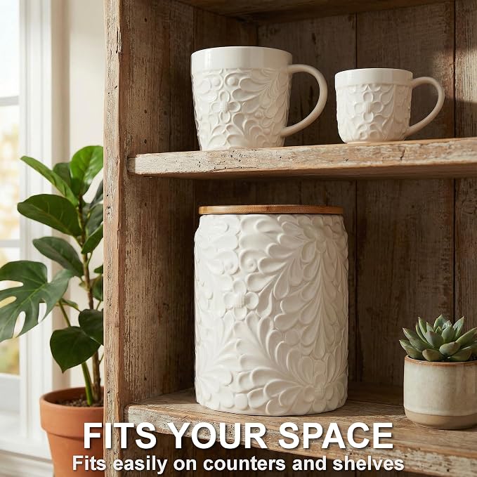 XXL 94 Oz Engraved Ceramic Kitchen Canister - Storage Jars with Airtight Lids Made from Bamboo with Nature-Inspired Engraving - Use as a Pasta Holder, Coffee Ground Holder, Rice Container, Candy Jar - Image 7