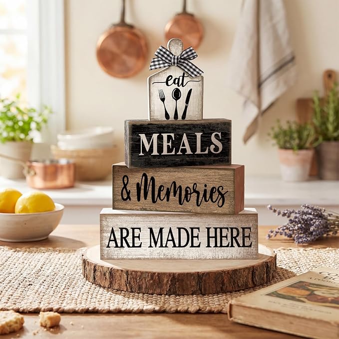 Moucuny 4 Pcs Farmhouse Kitchen Decor Wooden Plate Farmhouse Table Decor Black Brown and White Tableware Centerpiece Rustic Decorative Plates Stacked Block Sign for Display Cabinet Kitchen Decoration - Image 2
