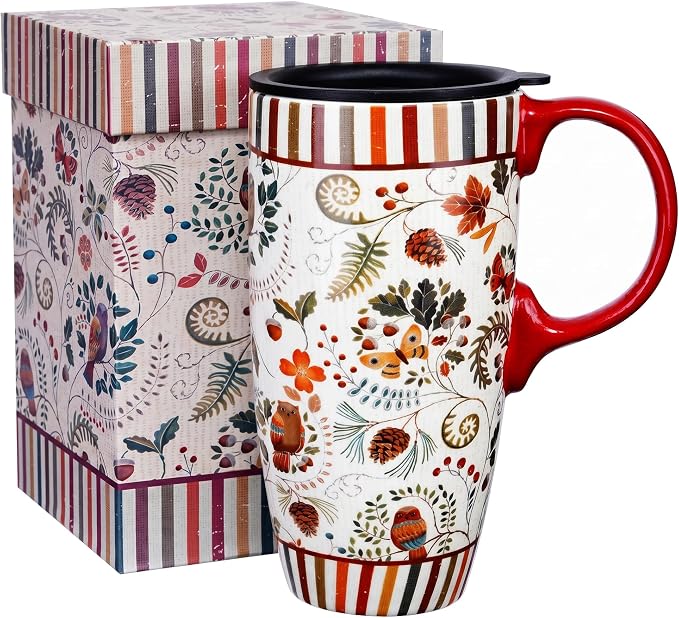 Topadorn 17oz Ceramic Travel Mug with Lid & Handle, Ceramic Coffee Mug | Woodland Forest Ceramic Coffee Mug, Nature Inspired Botanical Travel Cup, Microwave & Dishwasher Safe, Gift Box Included by Topadorn