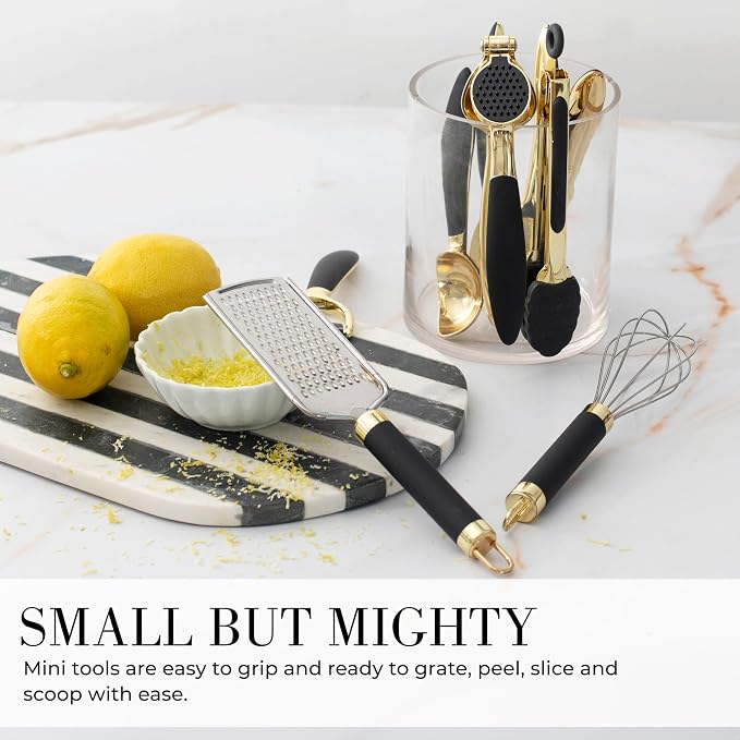 Styled Settings Black and Gold Kitchen Utensils, 8-Piece, Black & Gold | 8-Piece Gold Kitchen Tools Set with Can, Pizza Cutter, Peeler, Mini Whisk, and Tongs - Image 3