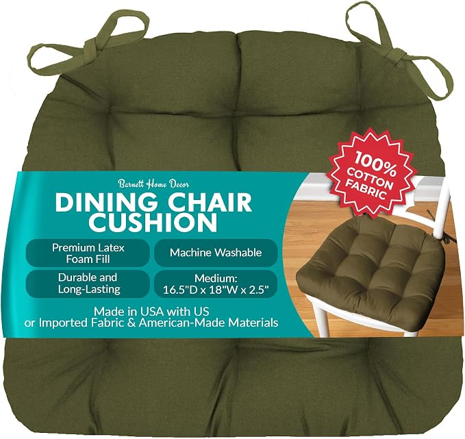 Barnett Home Decor Cotton Duck Dark Sage Green Dining Chair Pad with Ties - Size Medium Size 18 Chair Pad/Jumbo - Latex Foam Fill - Machine Washable, 100% Cotton, Made in USA (Boxwood) by BarnettHomeDecor