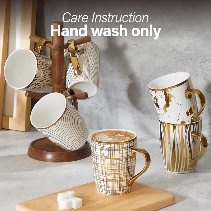 ONEMORE Coffee Mugs 18oz - Gold-Plated Ceramic Mugs for Latte, Hot Tea, Cappuccino, Mocha, Cocoa - Luxury Gold Trim Mug Set of 6, White & Gold, Multicolored - Image 4