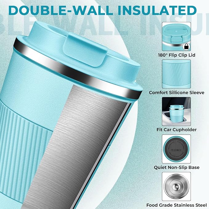 Insulated Coffee Tumbler 12 oz, Stainless Steel Coffee Mug with Lids, Travel Coffee Mug Leak Proof, Double Wall Vacuum Insulated Reusable Coffee Cup, Keep Drinks Hot and Cold (Turquoise, 12 Ounces) - Image 4