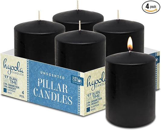 Hyoola Black Pillar Candles 2x3 Inch - 4 Pack Unscented Pillar Candles - European Made by Hyoola