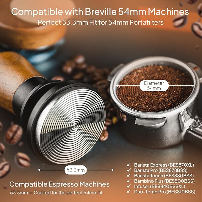 53.3mm Calibrated Espresso Tamper - 30lb Spring Loaded Auto-Leveling Coffee Tamper with Walnut Handle & Ripple Stainless Steel Base - Fits 54mm Breville Portafilter Machines