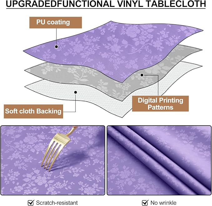 Smiry Rectangle Waterproof Heavy Duty Vinyl Tablecloths, 60 x 84 Inch | Wipeable Washable Floral Embossed Table Cover for Kitchen and Dining Room, Indoor & Outdoor Use, Purple - Image 7