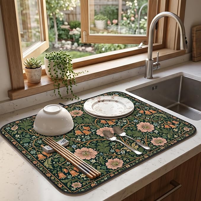 Vintage Floral Dish Drying Mat for Kitchen Counter Coffee Bar 18x24 in | Decorative Non Slip Absorbent Kitchen Dishes Drainer Mat, with Anti-slip Rubber Backing & Hanging Loop, for Sink, Home Gift - Image 8