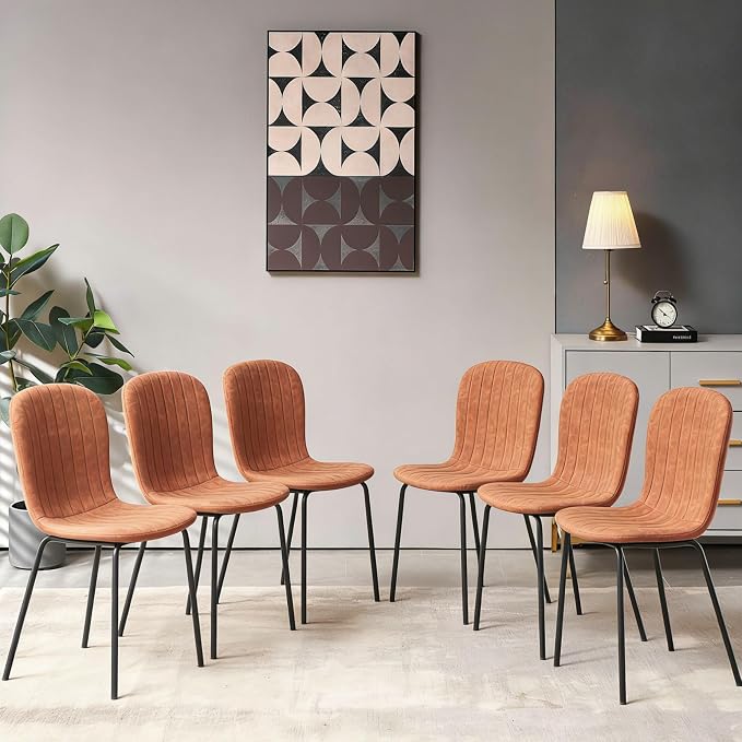Small Dining Chairs Set of 6, Modern Mid Century Faux Leather Dining Room Chairs with Black Metal Legs, Kitchen Home Living Room Restaurant Apartment, Space-Saving, Brown - Image 6
